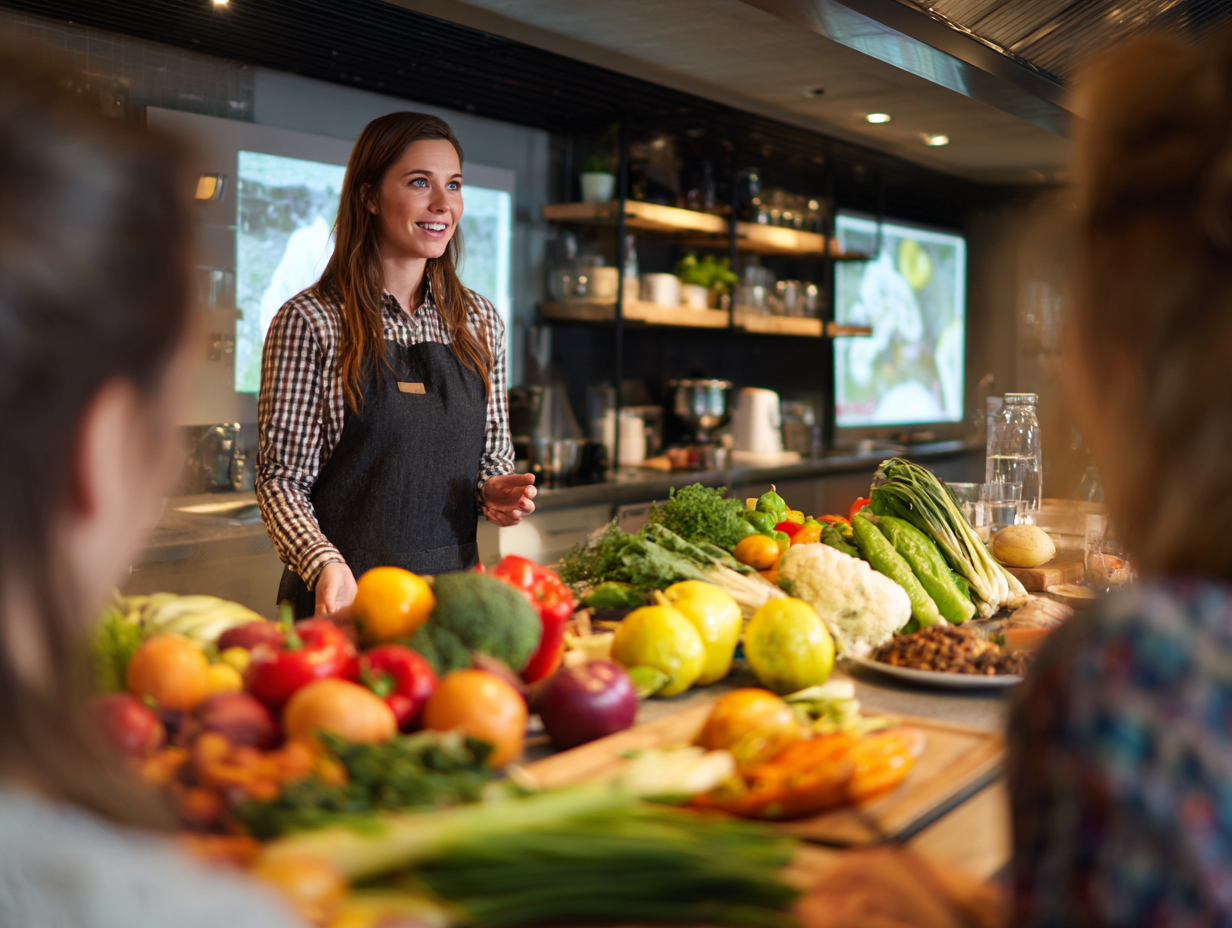 Mesa con platos saludables y coloridos representando una alimentación equilibrada